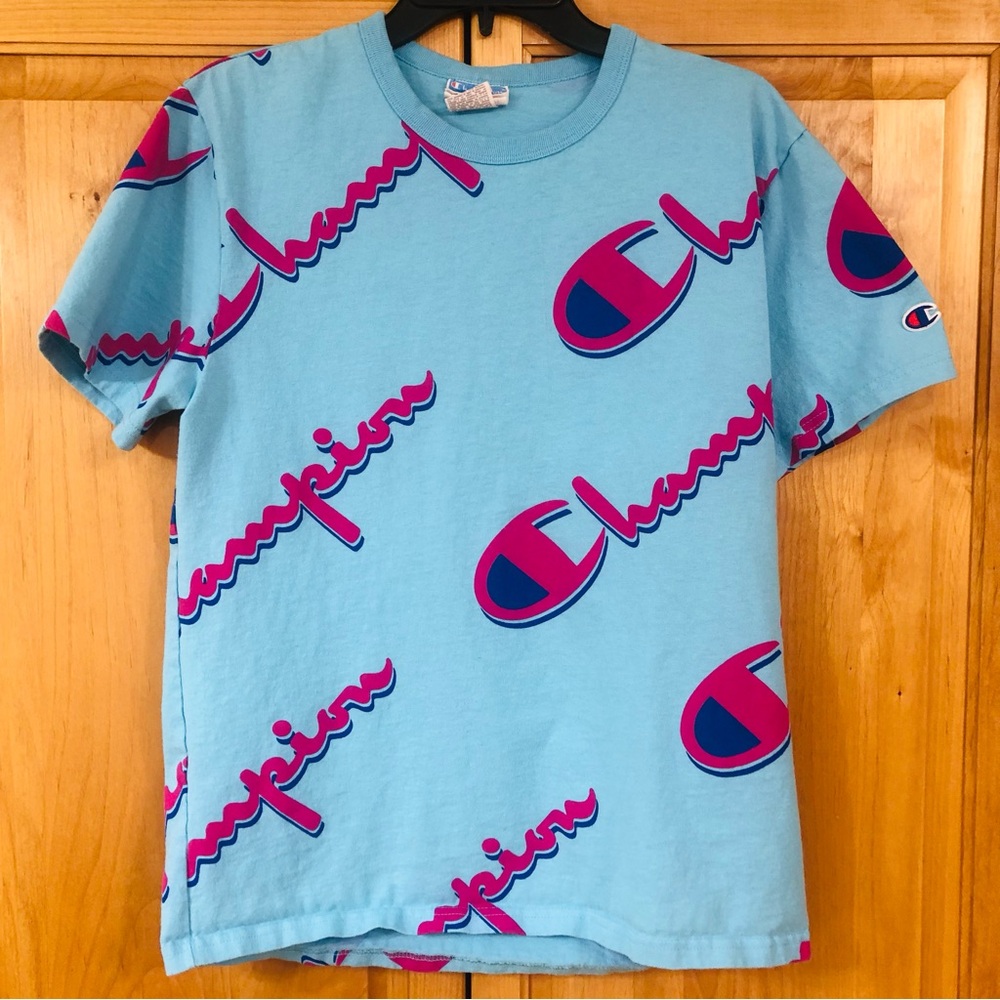 Vintage Champion Aqua and Magenta Graphic Tee